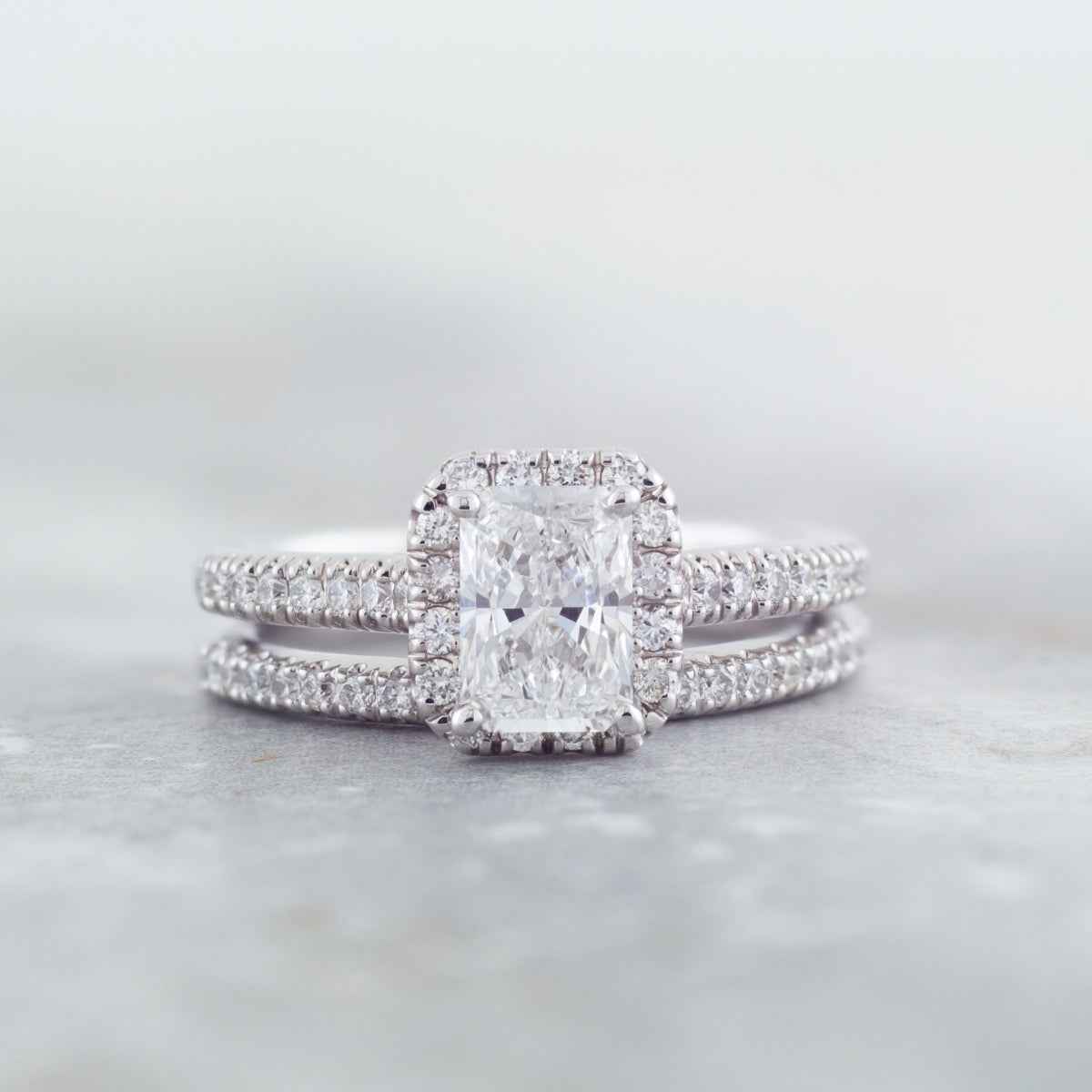 Adamante 1-5/8 ct. tw. Lab-Grown Radiant Cut Diamond Halo Wedding Set in 14K White Gold side profile