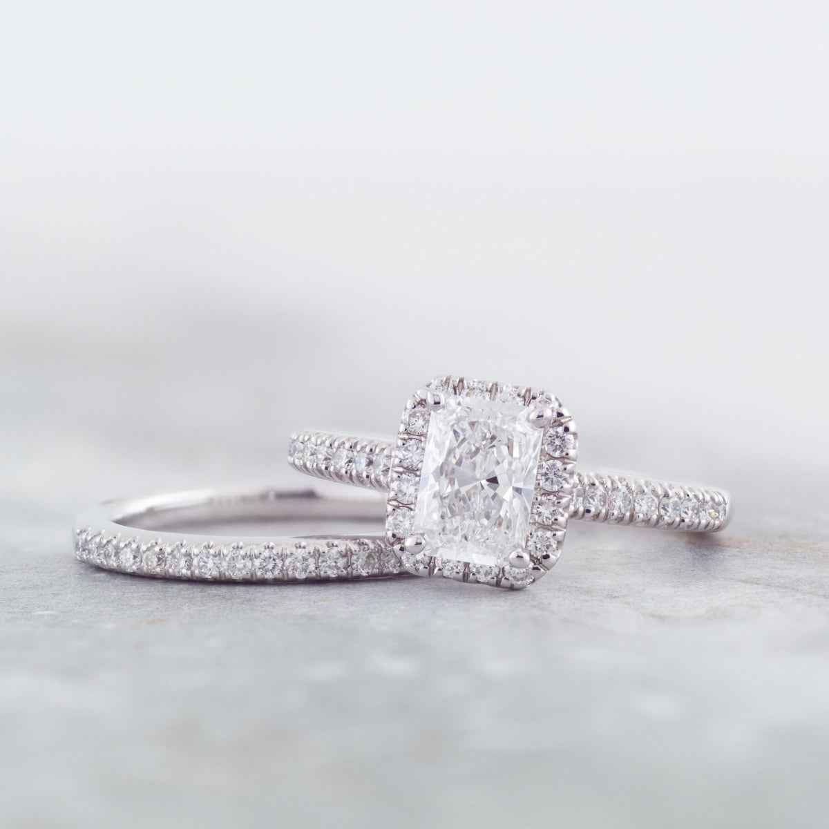 Adamante 1-5/8 ct. tw. Lab-Grown Radiant Cut Diamond Halo Wedding Set in 14K White Gold close-up detail