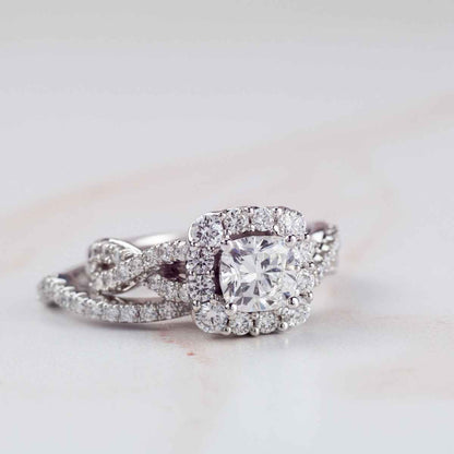 Adamante 2 ct. tw. Lab-Grown Cushion Diamond Halo Wedding Set with Twist Band in 14K White Gold front view