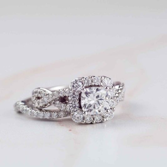 Adamante 2 ct. tw. Lab-Grown Cushion Diamond Halo Wedding Set with Twist Band in 14K White Gold front view