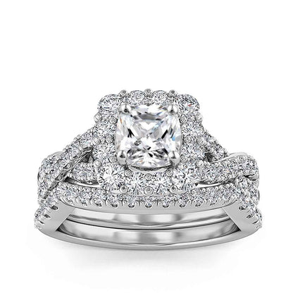 Adamante 2 ct. tw. Lab-Grown Cushion Diamond Halo Wedding Set with Twist Band in 14K White Gold