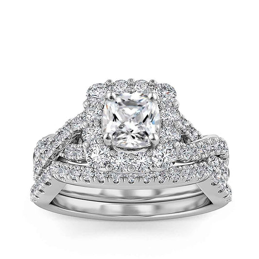 Adamante 2 ct. tw. Lab-Grown Cushion Diamond Halo Wedding Set with Twist Band in 14K White Gold