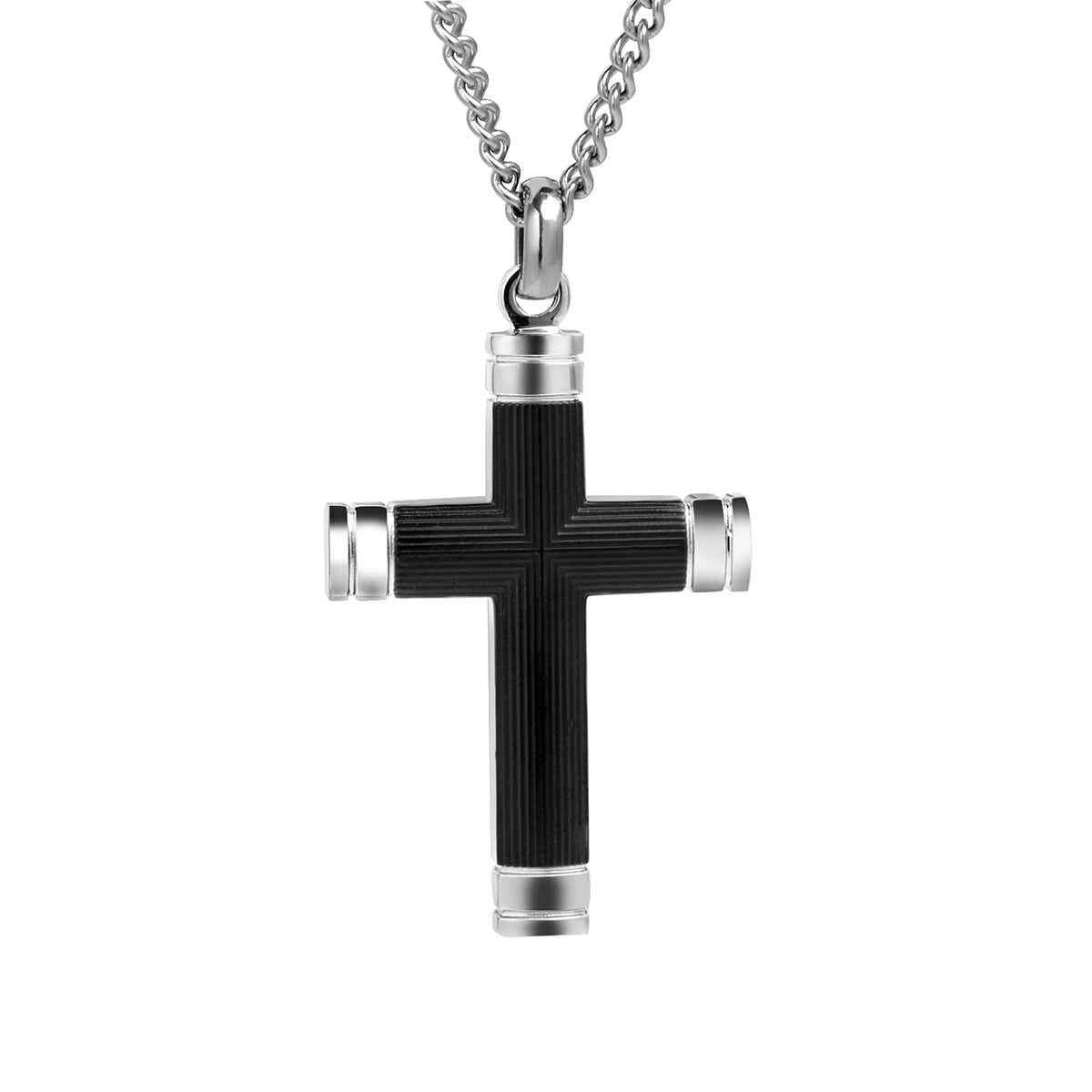 Stainless Steel & Textured Black Cross Pendant