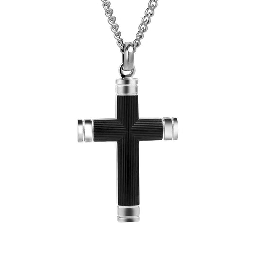 Stainless Steel & Textured Black Cross Pendant