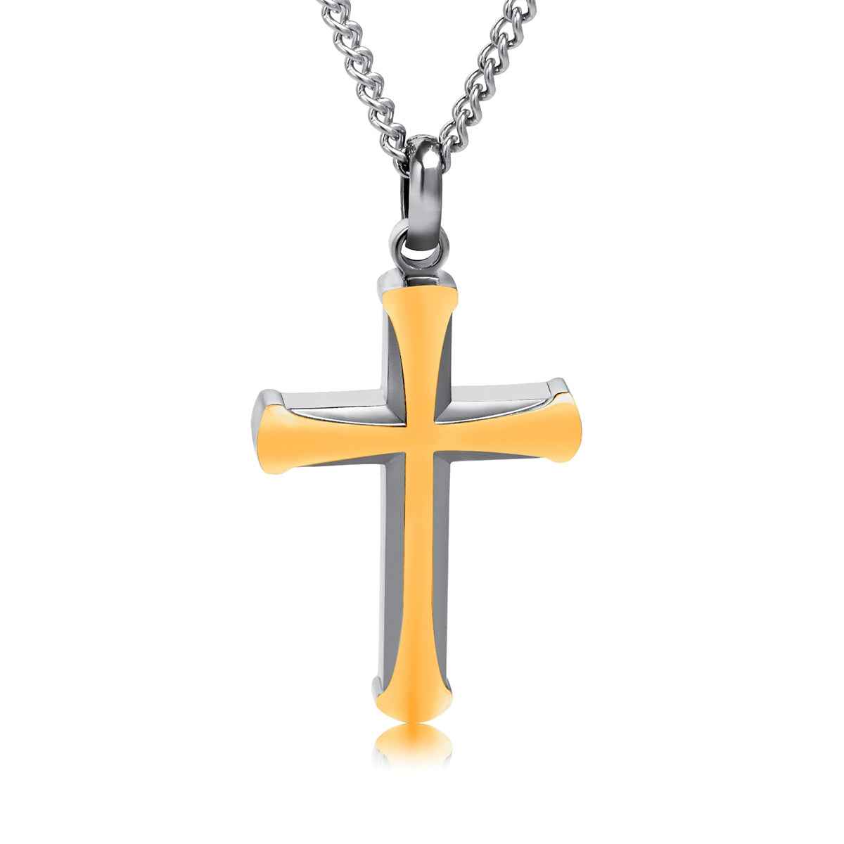 Stainless Steel Two-Tone Beveled Cross Pendant