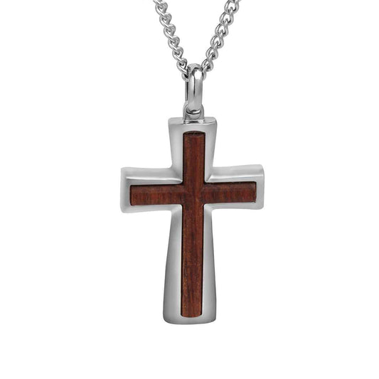 Stainless Steel Cross Pendant with Bubinga Wood Inlay
