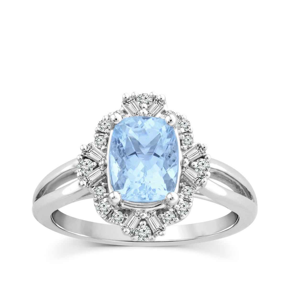 Cushion Aquamarine & 1/4 ct. tw. Diamond Scalloped Halo Ring in 10K White Gold
