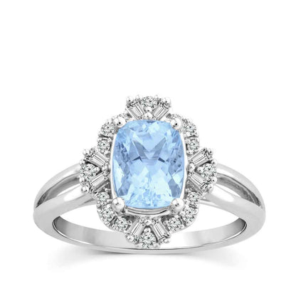Cushion Aquamarine & 1/4 ct. tw. Diamond Scalloped Halo Ring in 10K White Gold
