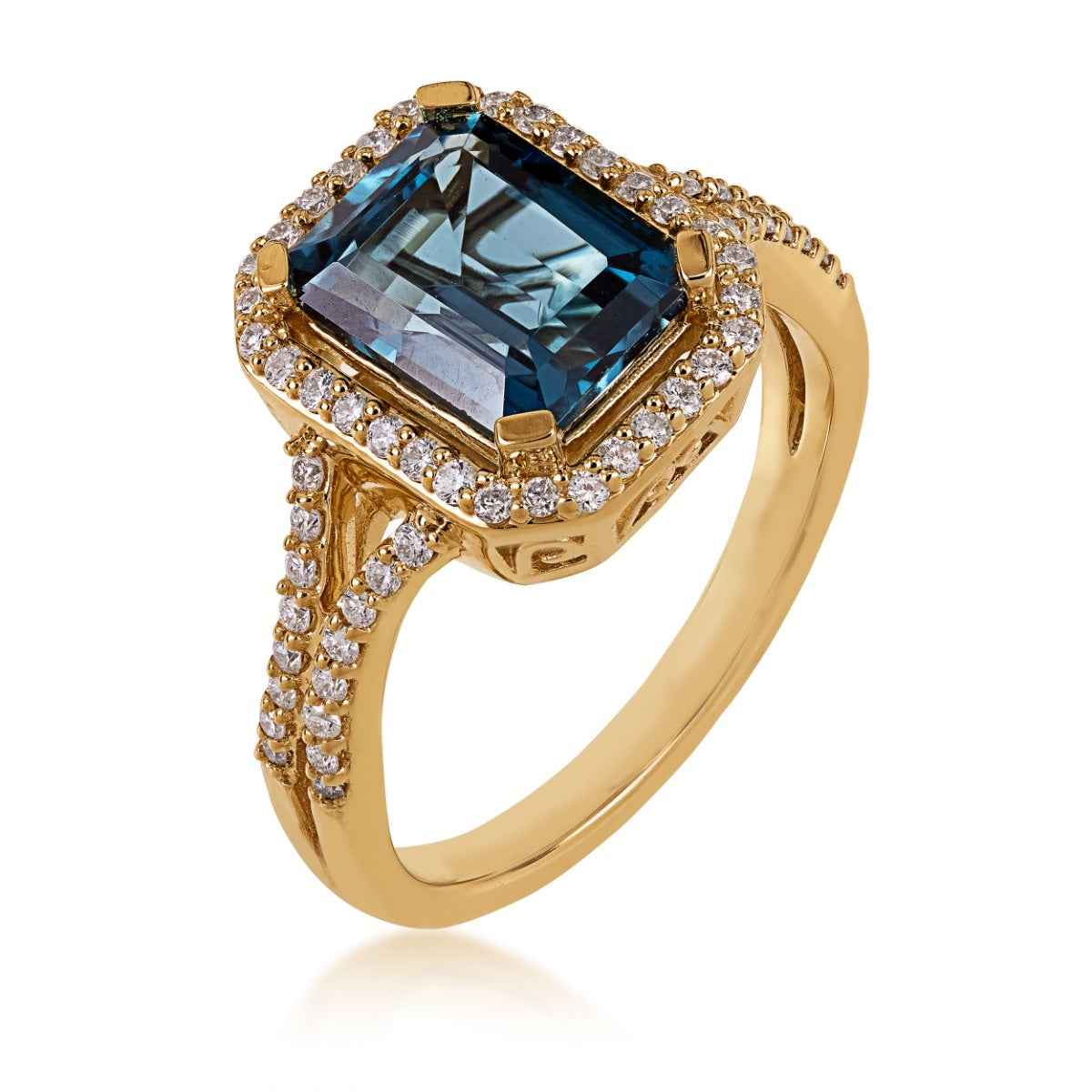 Emerald Cut London Blue Topaz & 1/3 ct. tw. Diamond Halo Ring in 10K Yellow Gold front view