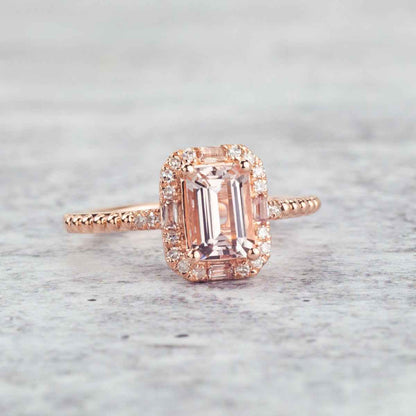 Emerald Cut Morganite & 1/10 ct. tw. Diamond & Garnet Halo Ring in 10K Pink Gold close-up detail
