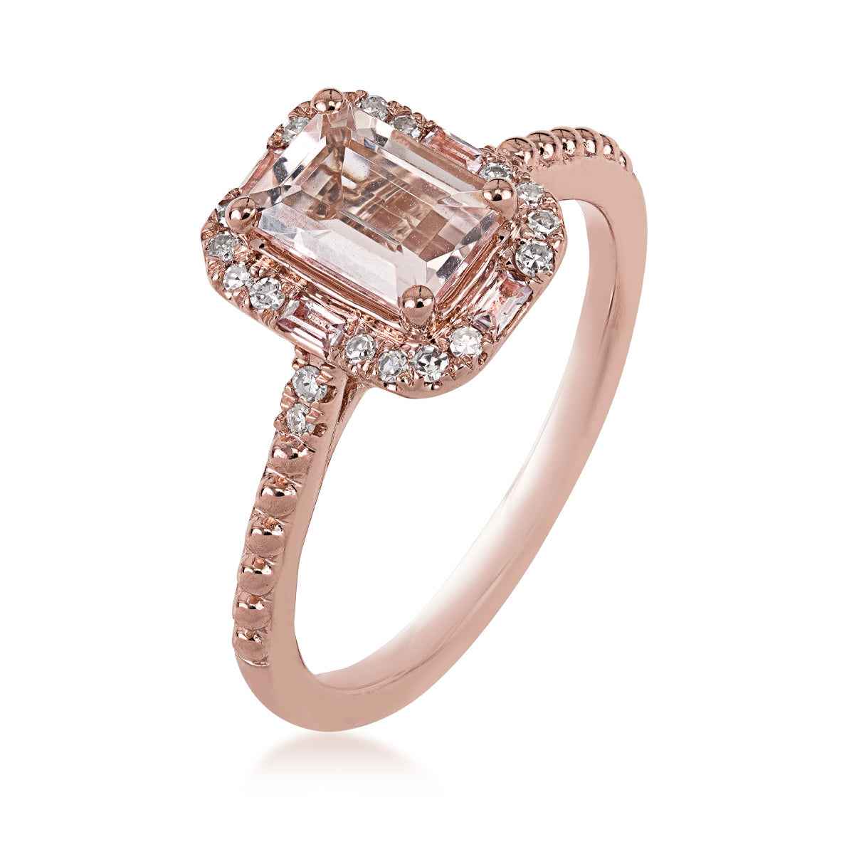 Emerald Cut Morganite & 1/10 ct. tw. Diamond & Garnet Halo Ring in 10K Pink Gold front view