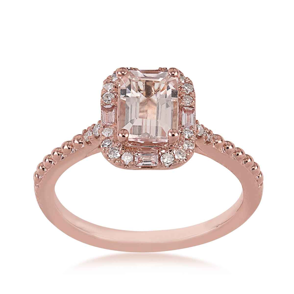Emerald Cut Morganite & 1/10 ct. tw. Diamond & Garnet Halo Ring in 10K Pink Gold