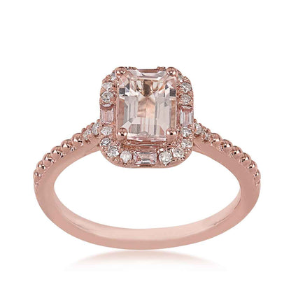 Emerald Cut Morganite & 1/10 ct. tw. Diamond & Garnet Halo Ring in 10K Pink Gold