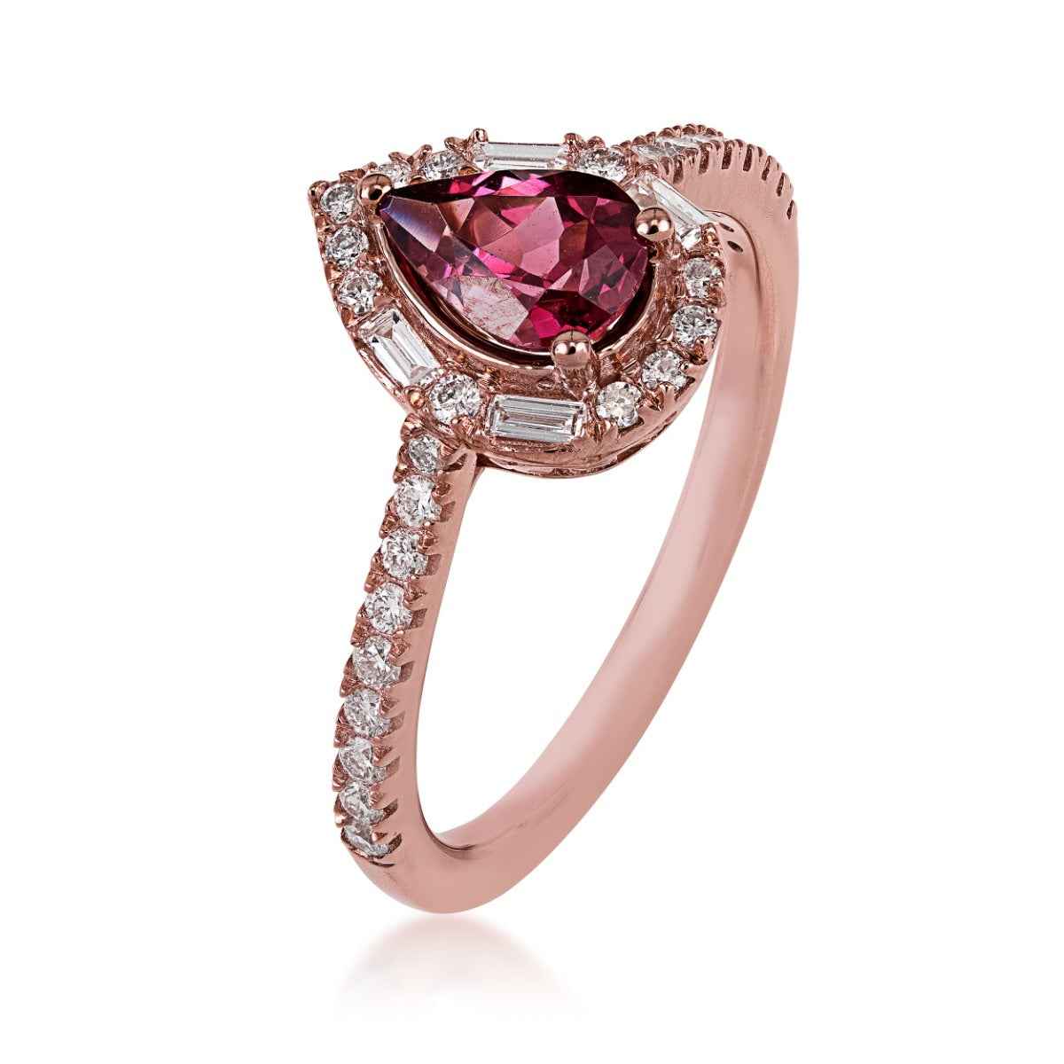 Pear Rhodolite Garnet & 1/3 ct. tw. Diamond Halo Ring in 10K Pink Gold front view