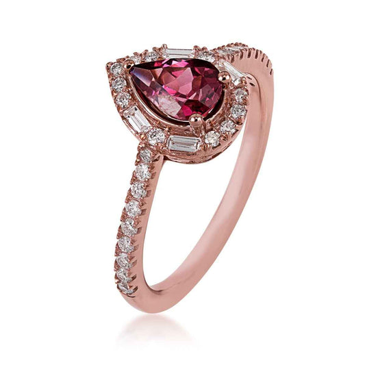 Pear Rhodolite Garnet & 1/3 ct. tw. Diamond Halo Ring in 10K Pink Gold front view