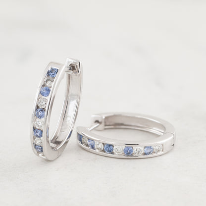 Yogo Sapphire & 1/4 ct. tw. Diamond Channel Set Hoop Earrings in 10K White Gold front view