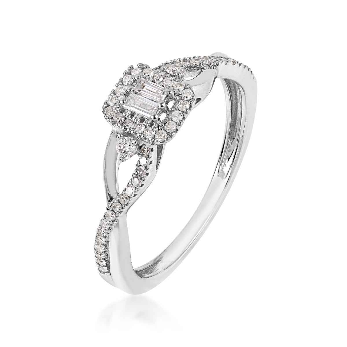 Infinite Love 1/4 ct. tw. Baguette Cluster Halo Twist Band Promise Ring in 10K White Gold close-up detail