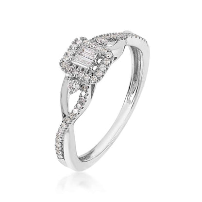 Infinite Love 1/4 ct. tw. Baguette Cluster Halo Twist Band Promise Ring in 10K White Gold close-up detail