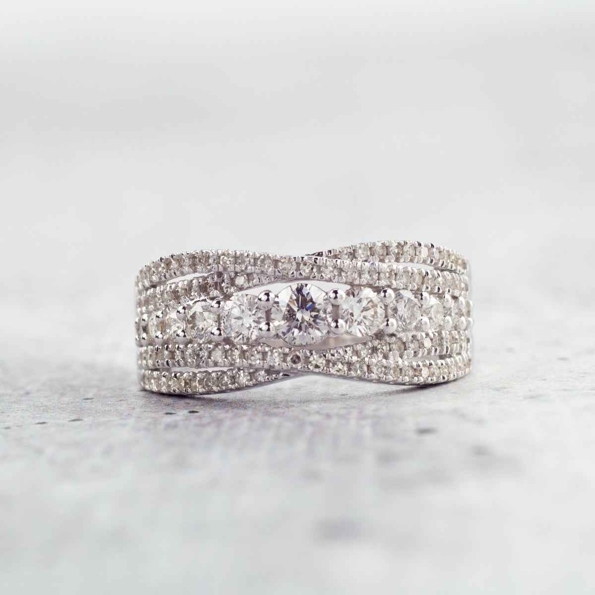 Journey Collection 1 ct. tw. Multirow Diamond Crossover Ring in 10K White Gold close-up detail