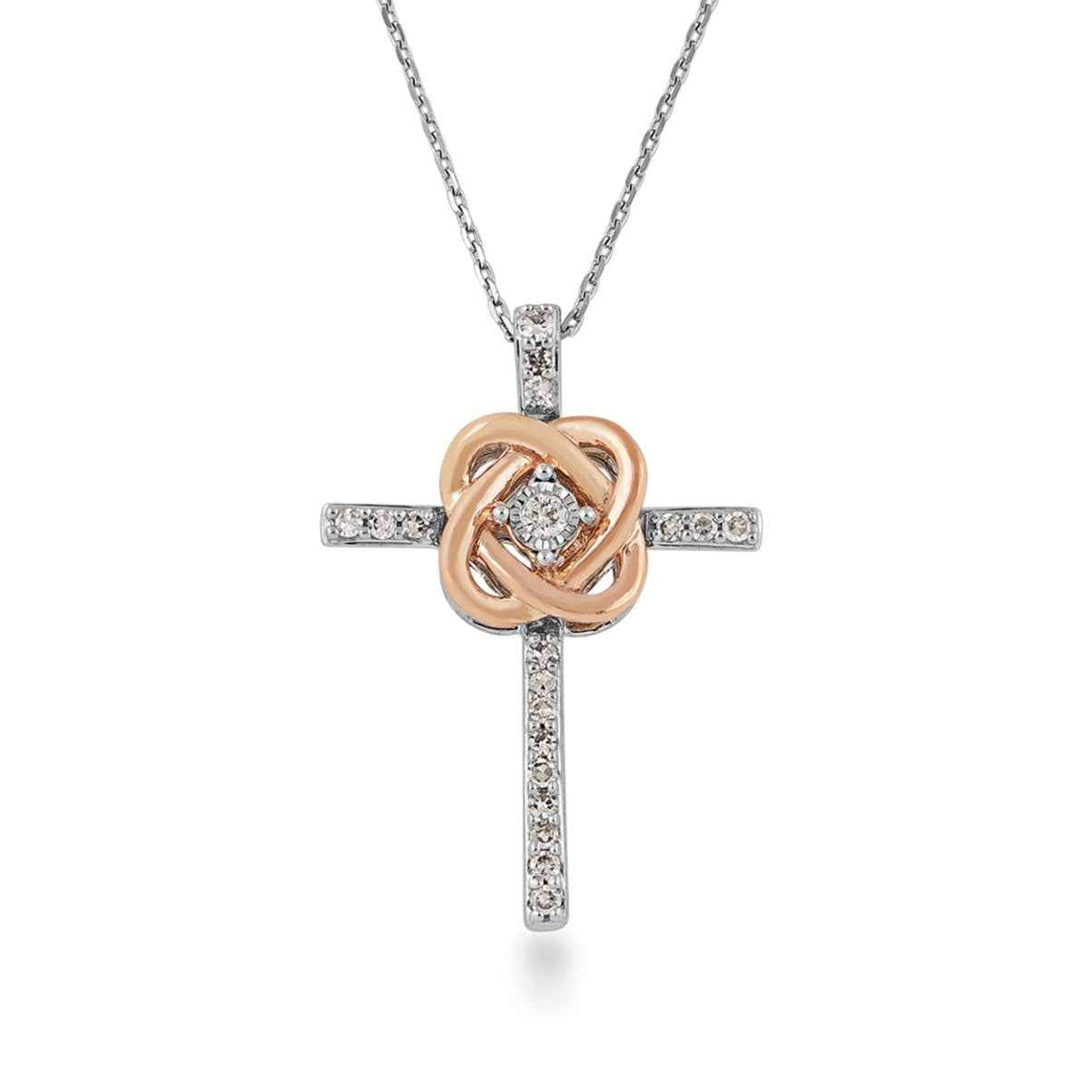 Love Knot 1/10 ct. tw. Diamond Cross Pendant in Sterling Silver and 10K Pink Gold