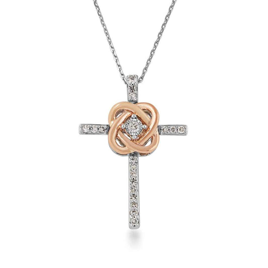 Love Knot 1/10 ct. tw. Diamond Cross Pendant in Sterling Silver and 10K Pink Gold