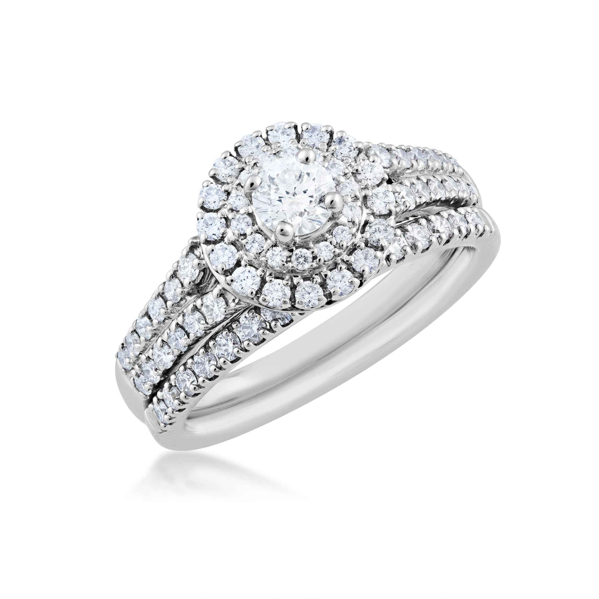 Amaura Collection 1/3 ct. and 5/8 ct. Round Brilliant Wedding Set with Double Halo in 14K White Gold front view