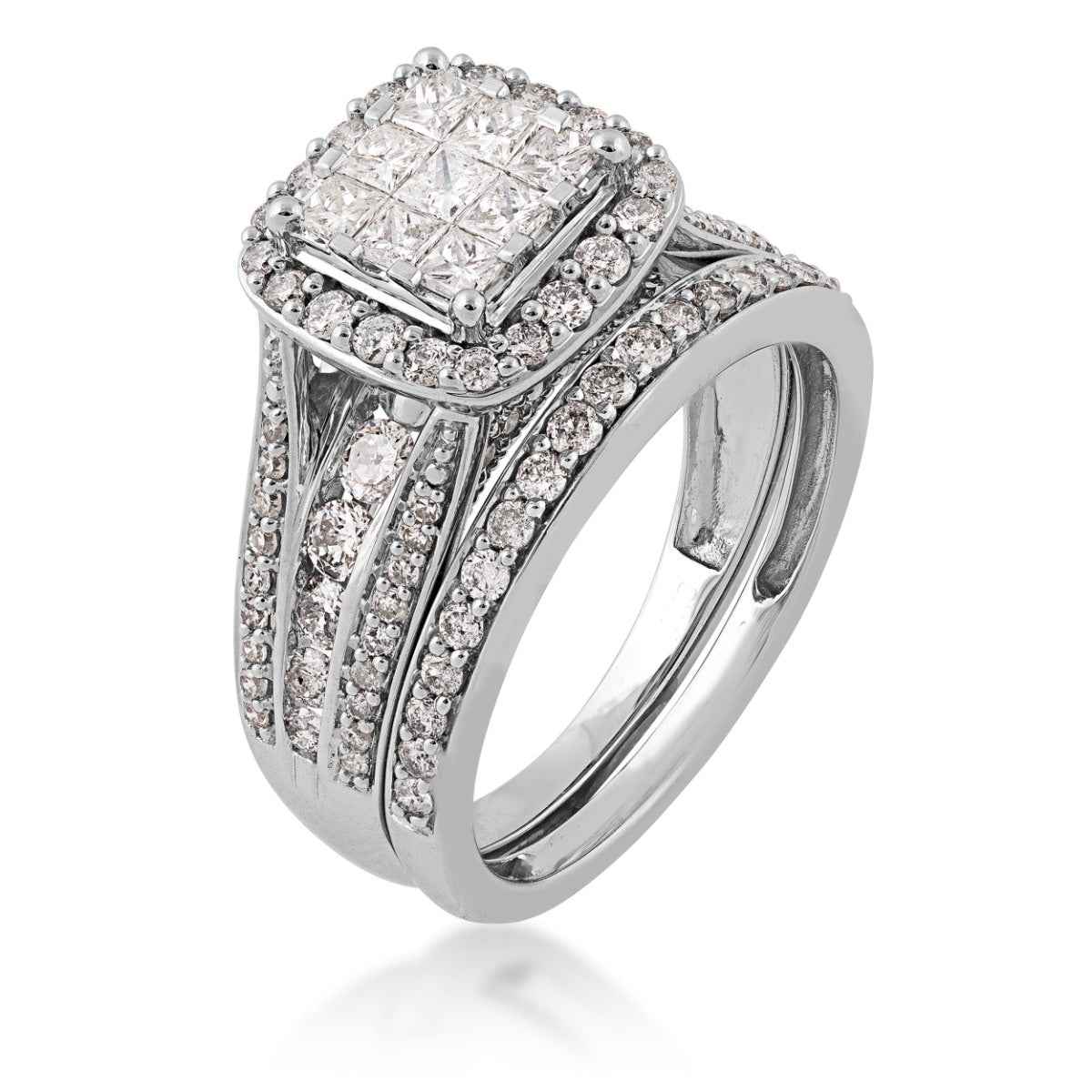 Fairytale Diamonds 1-1/2 ct. tw. Invisible Set Diamond Cluster Wedding Set in 10K White Gold front view