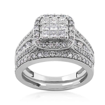 GOLD TAG Fairytale Diamonds 1-1/2 ct. tw. Invisible Set Diamond Cluster Wedding Set in 10K White Gold