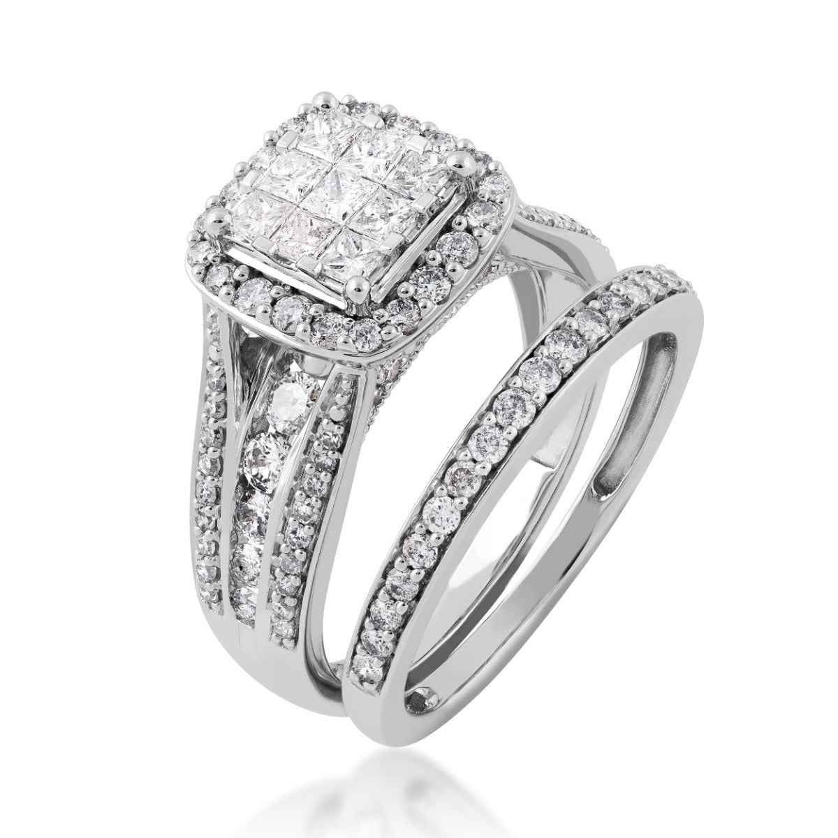 Fairytale Diamonds 1-1/2 ct. tw. Invisible Set Diamond Cluster Wedding Set in 10K White Gold close-up detail