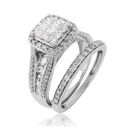 Fairytale Diamonds 1-1/2 ct. tw. Invisible Set Diamond Cluster Wedding Set in 10K White Gold close-up detail