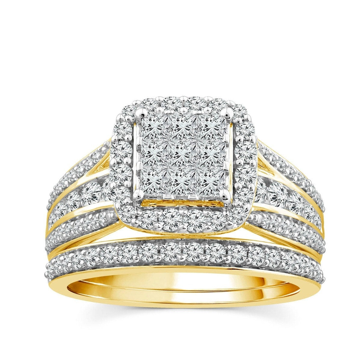 Fairytale Diamonds 1-1/2 ct. tw. Invisible Set Diamond Cluster Wedding Set in 10K Yellow Gold