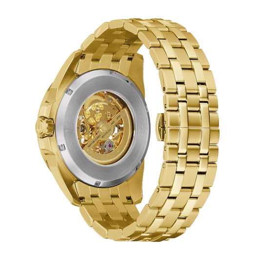 Bulova Men's Sutton Gold-Tone Stainless Steel Watch with Open Aperture Dial close-up detail