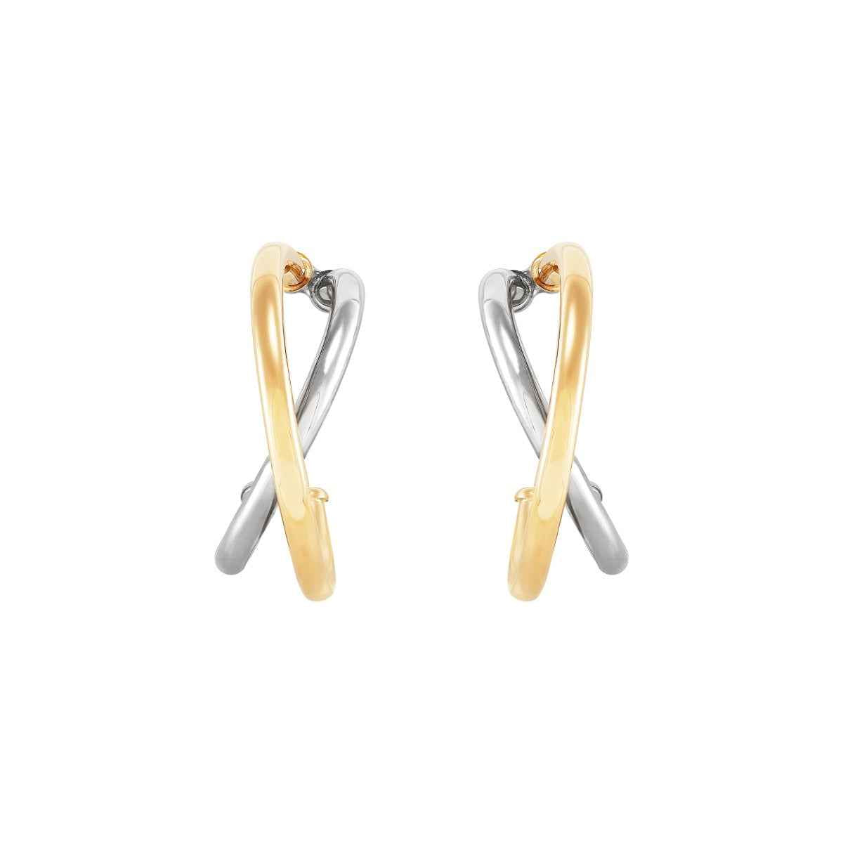 Crossover Double Hoop Earrings in 14K White & Yellow Gold front view