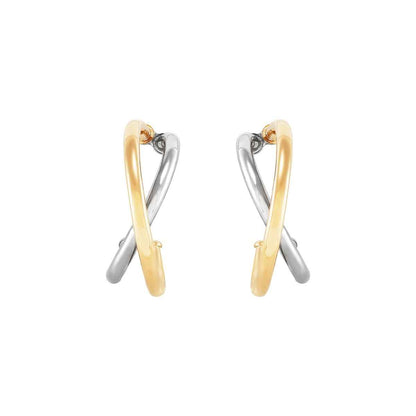 Crossover Double Hoop Earrings in 14K White & Yellow Gold front view
