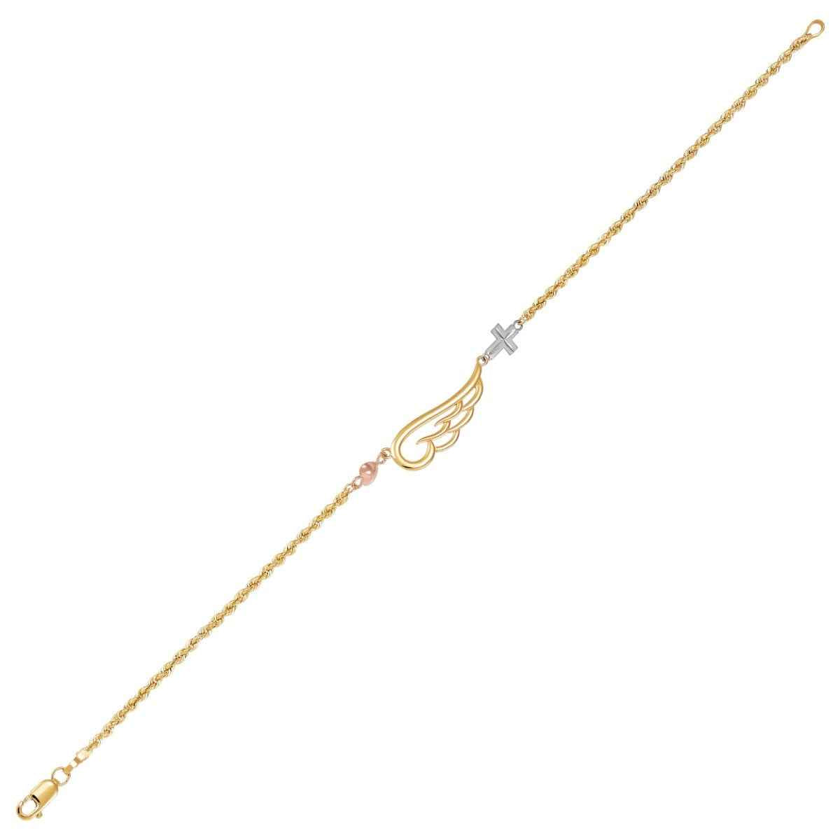 Angel Wing, Cross, and Heart Bracelet in 10K Tri Color Gold front view
