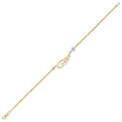 Angel Wing, Cross, and Heart Bracelet in 10K Tri Color Gold front view