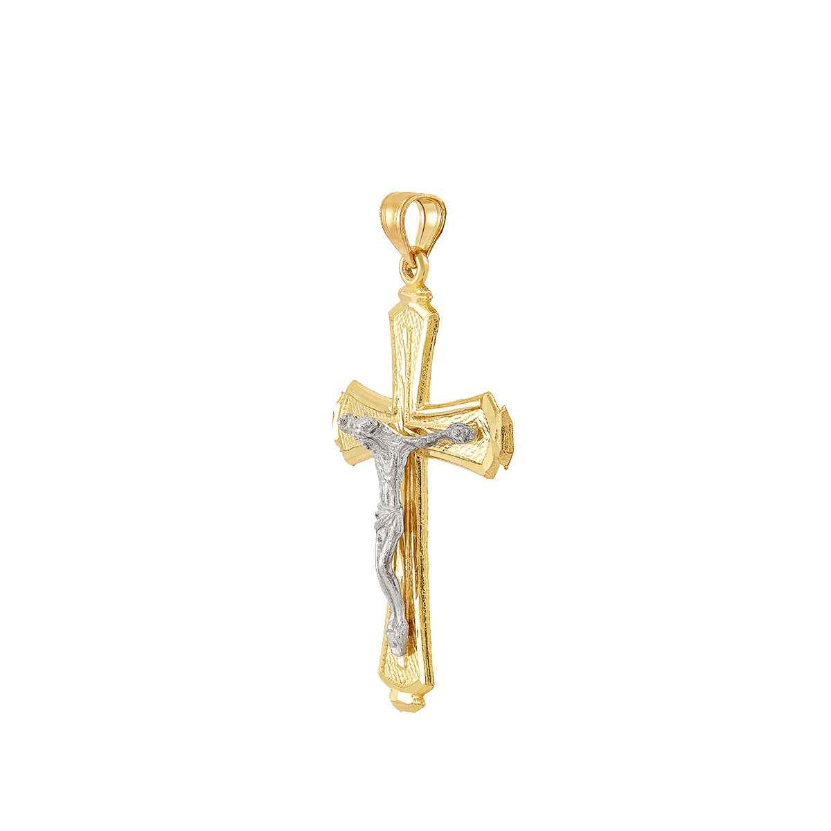Diamond Cut Crucifix Cross Pendant in 10K Yellow & White Gold front view