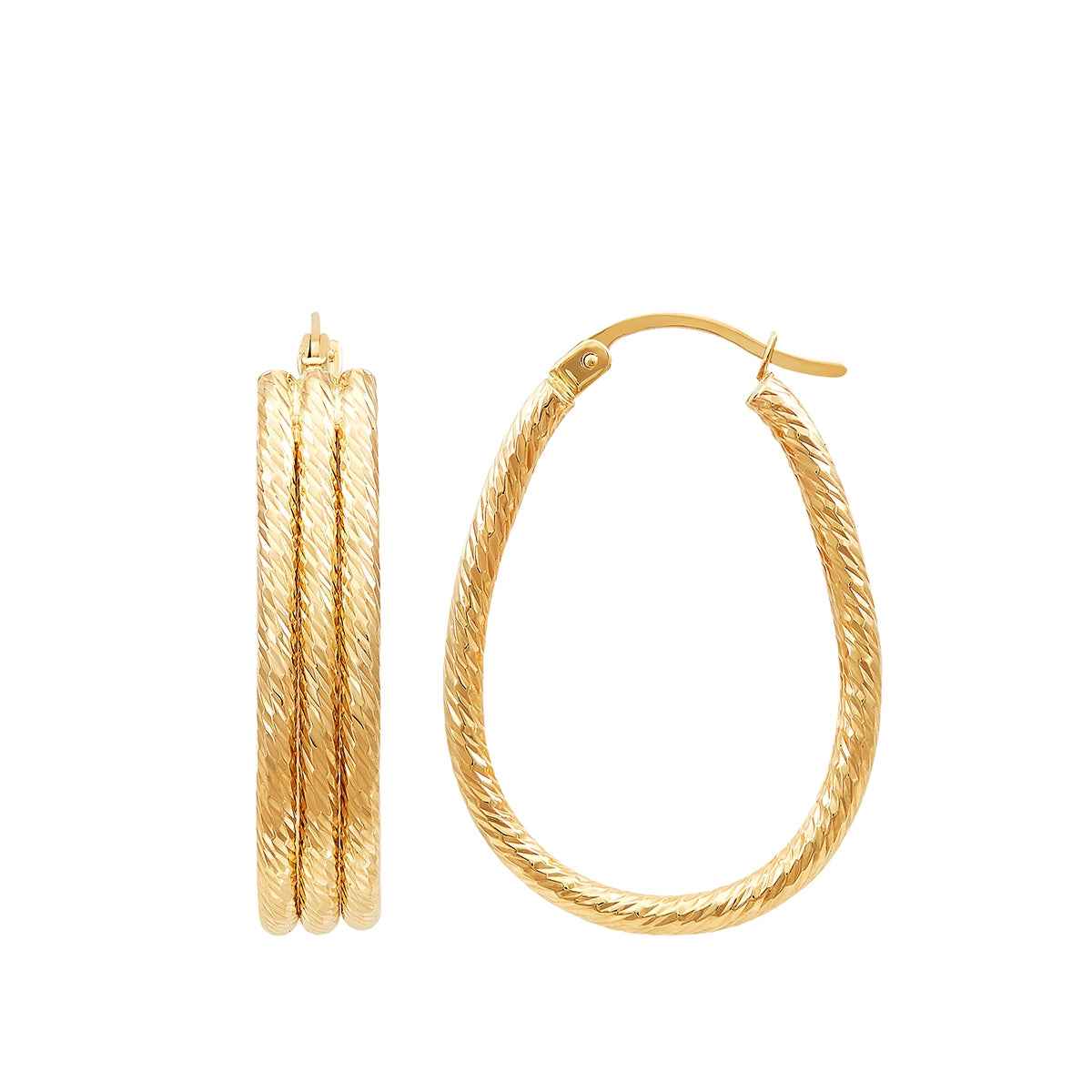 3-Row Diamond Cut Oval Hoop Earrings in 14K Yellow Gold front view