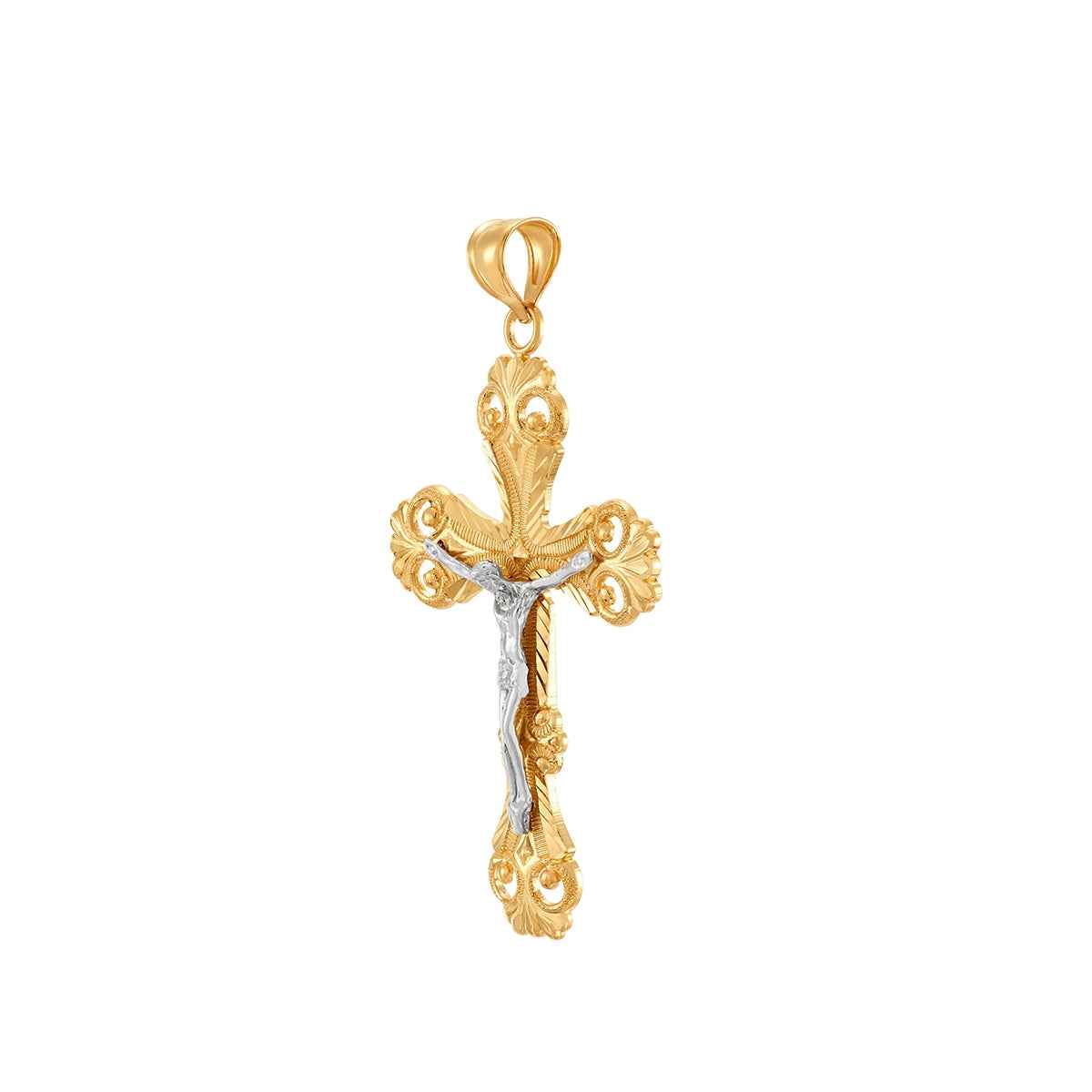 Ornate Crucifix Cross Pendant in 14K Yellow & White Gold front view