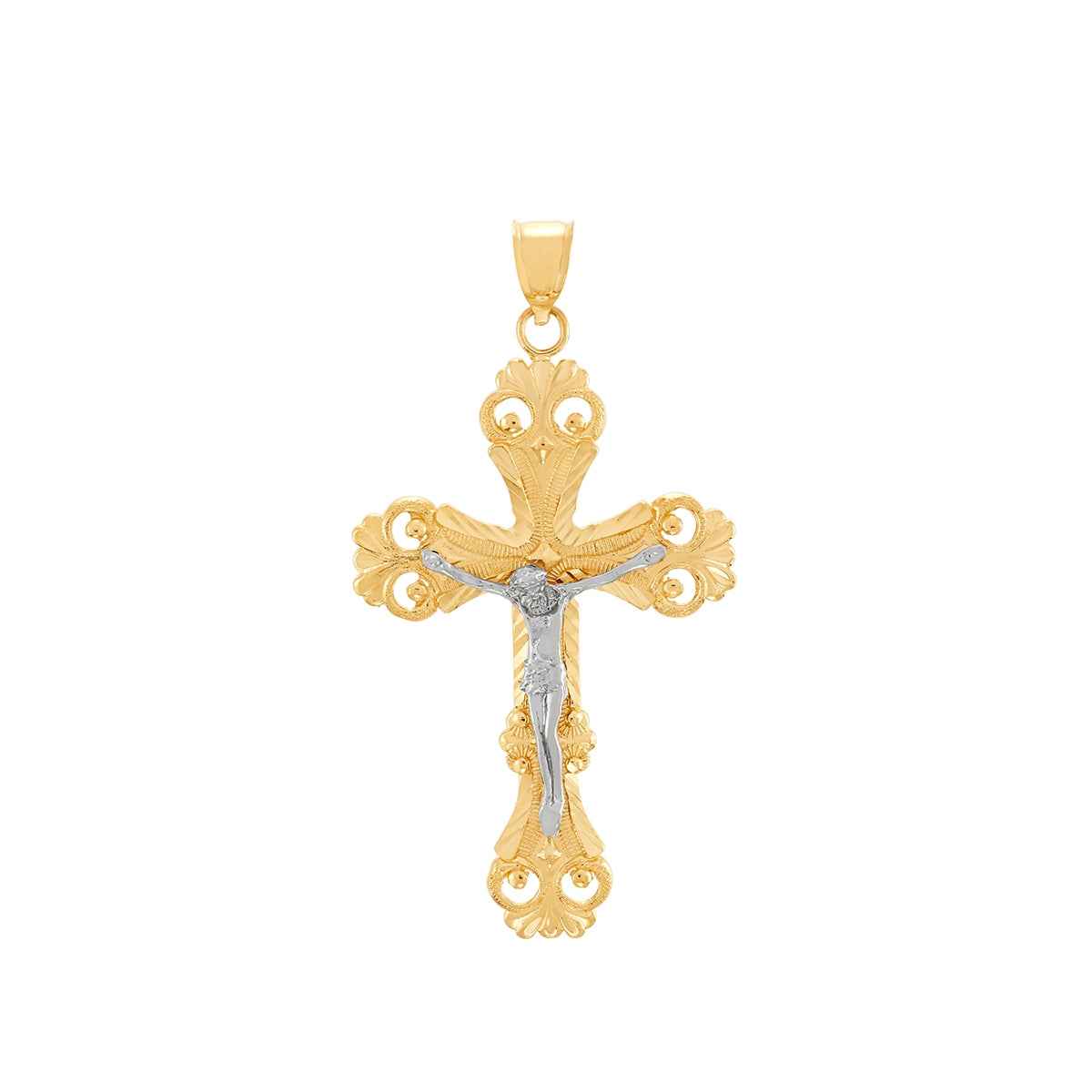 Ornate Crucifix Cross Pendant in 14K Yellow & White Gold