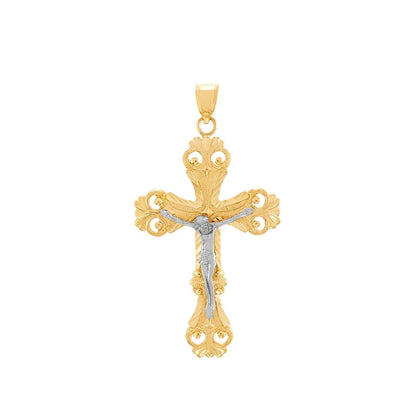 Ornate Crucifix Cross Pendant in 14K Yellow & White Gold