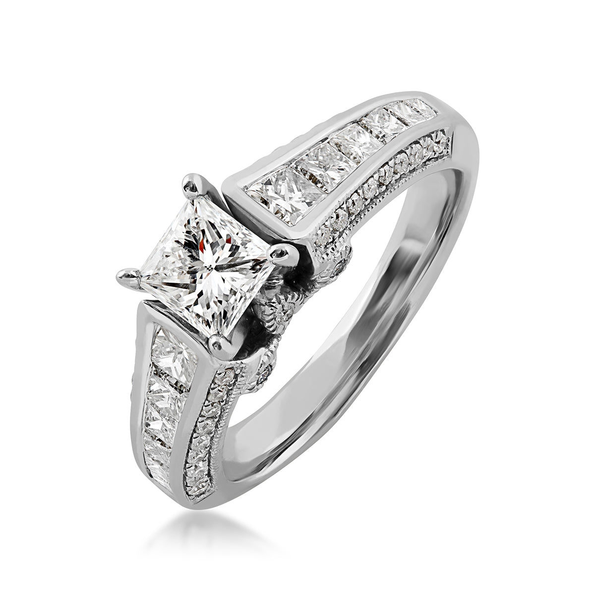 Timeless 1-3/4 ct. tw. Princess Cut Diamond Milgrain Engagement Ring in 14K White Gold front view