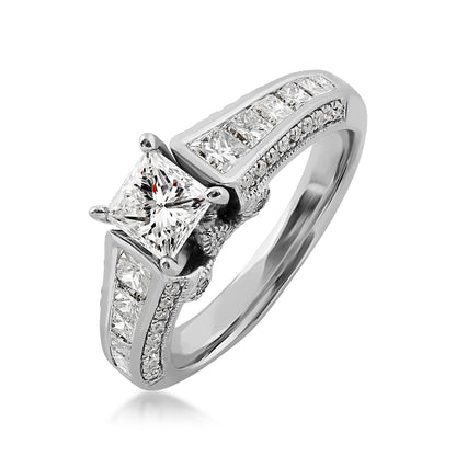 Timeless 1-3/4 ct. tw. Princess Cut Diamond Milgrain Engagement Ring in 14K White Gold front view