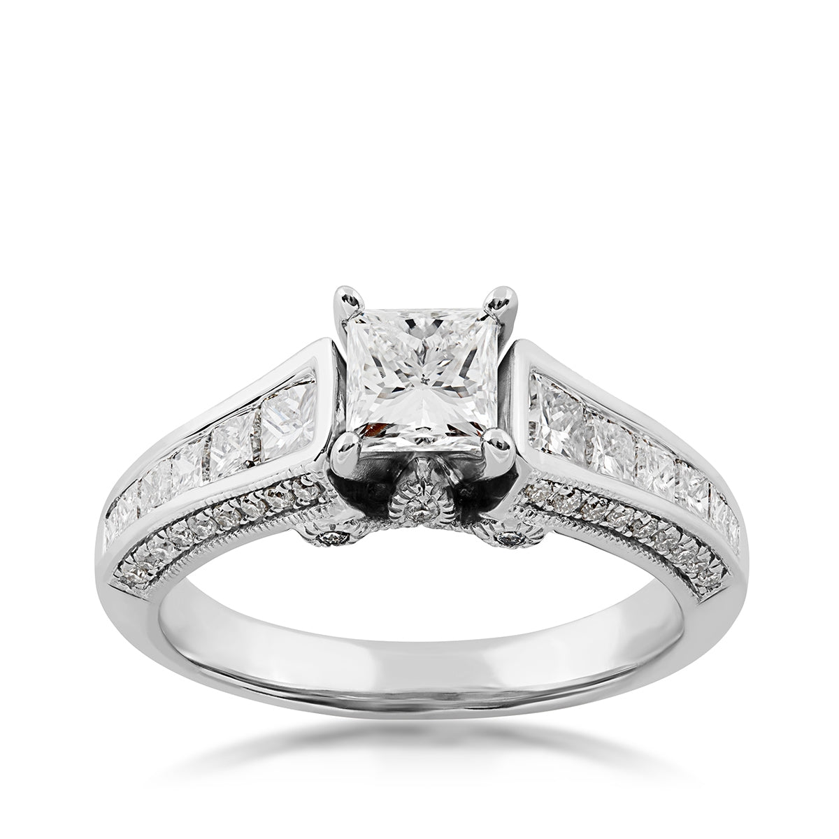 Timeless 1-3/4 ct. tw. Princess Cut Diamond Milgrain Engagement Ring in 14K White Gold