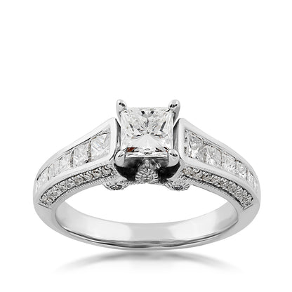 Timeless 1-3/4 ct. tw. Princess Cut Diamond Milgrain Engagement Ring in 14K White Gold