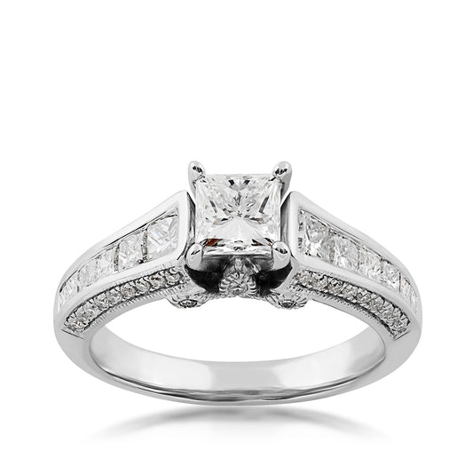 Timeless 1-3/4 ct. tw. Princess Cut Diamond Milgrain Engagement Ring in 14K White Gold