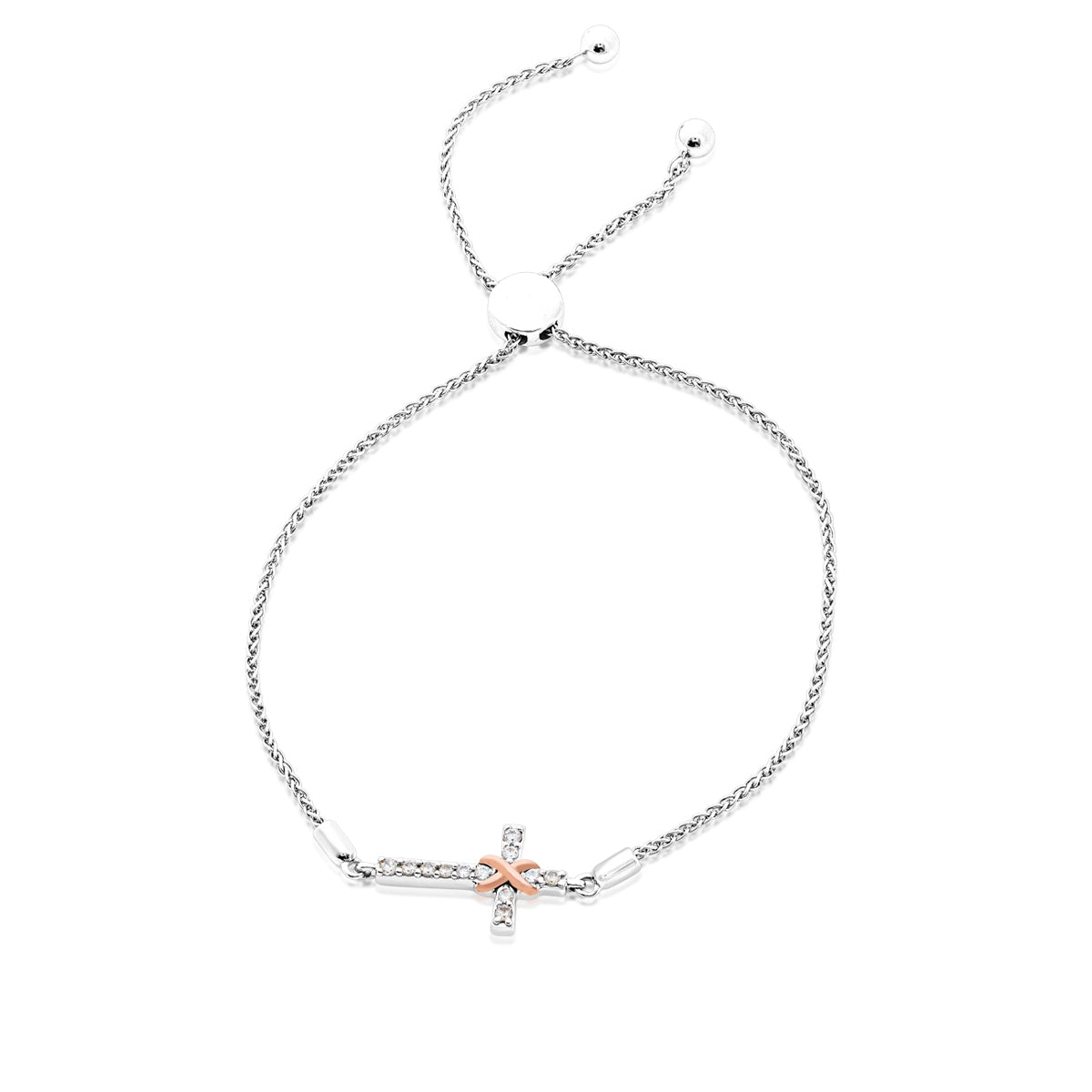 Infinite Love 1/5 ct. tw. Diamond Infinity Cross Bolo Bracelet in Sterling Silver & 10K Pink Gold