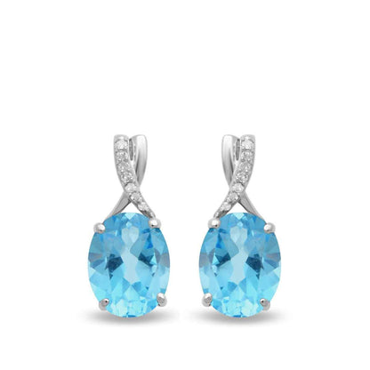 Oval Swiss Blue Topaz & Diamond Accent Earrings in 10K White Gold front view