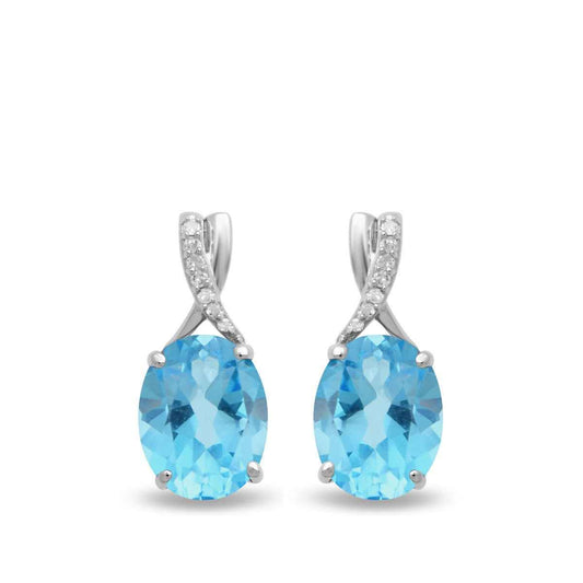 Oval Swiss Blue Topaz & Diamond Accent Earrings in 10K White Gold front view