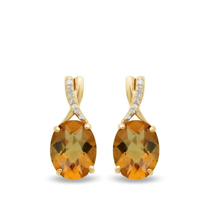 Oval Citrine & Diamond Accent Earrings in 10K Yellow Gold front view